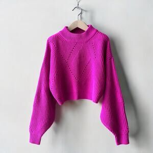Socialite Pointelle Knit Hot Pink Cropped Sweater, Size M